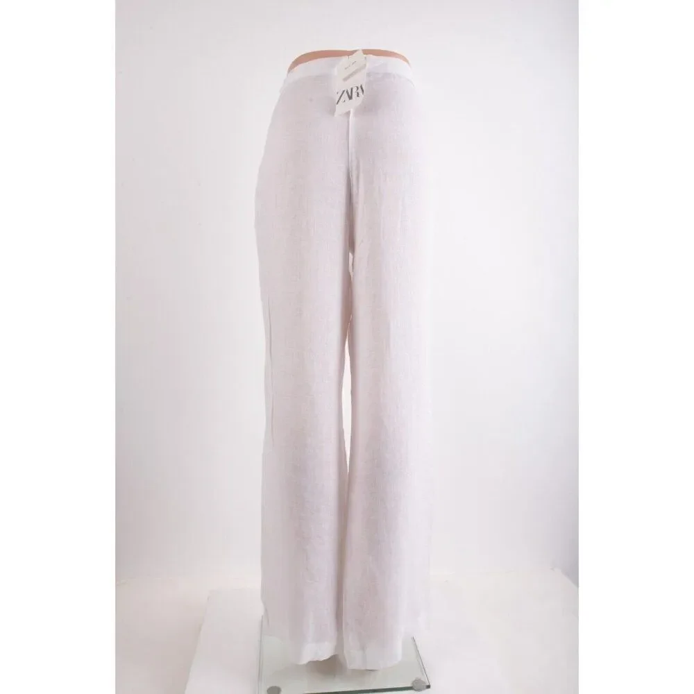 Zara Womens Linen Pants Trousers L White Wide Leg semi sheer 8292/707 NWT
